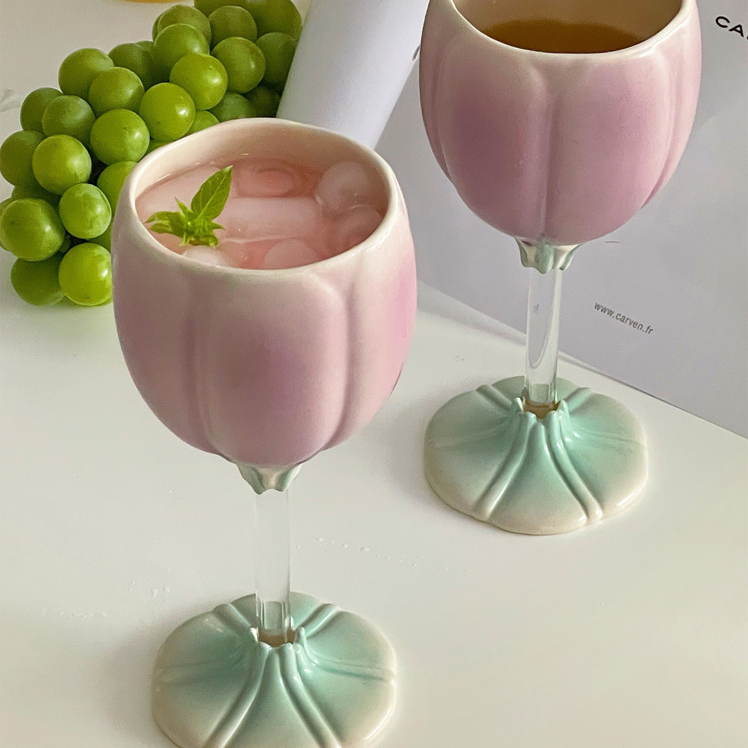 유니크 튤립 핑크 와인 고블렛잔