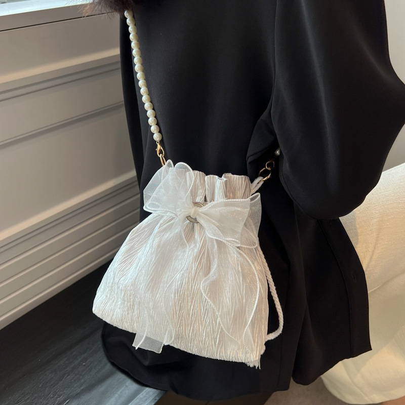 4color 러블리 쉬폰 리본 포인트 새틴 진주 가방